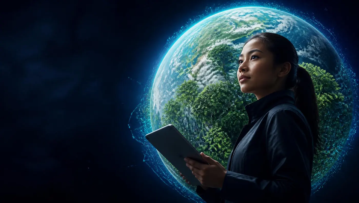 Education professional standing before a living digital Earth