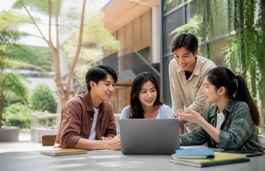 Students collaborating around a laptop on a green campus